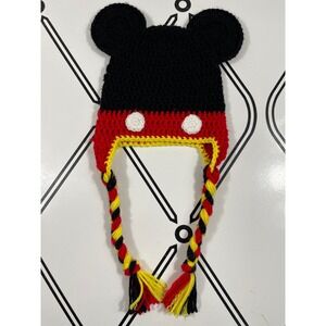 Handmade Kids Mickey Mouse Crochet Hat with Braids Earflap Winter Beanie